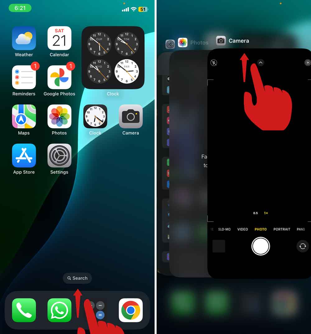 swipe up from the bottom of your screen to see recent apps swipe up on the camera app to close it