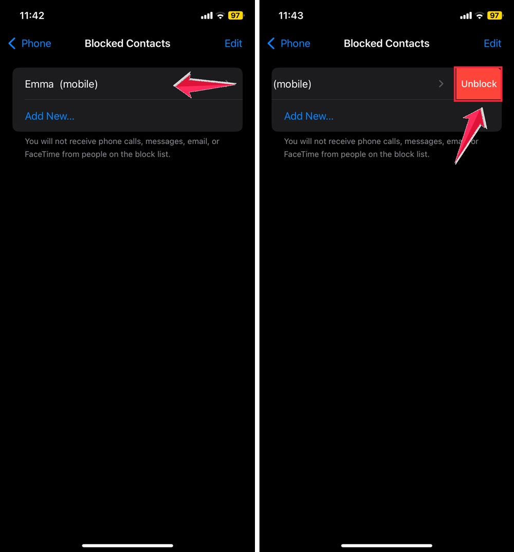 swiping left and tapping unblock