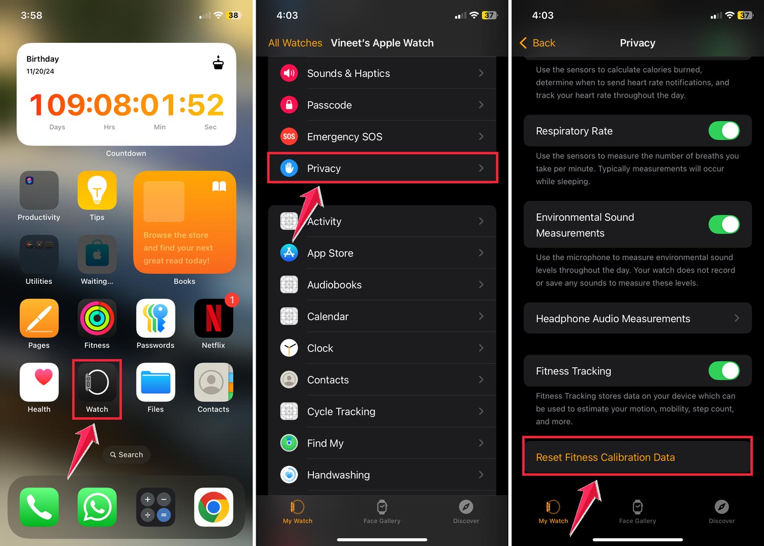 tap on apple watch then click on the privacy and tap on reset fitness calibration data