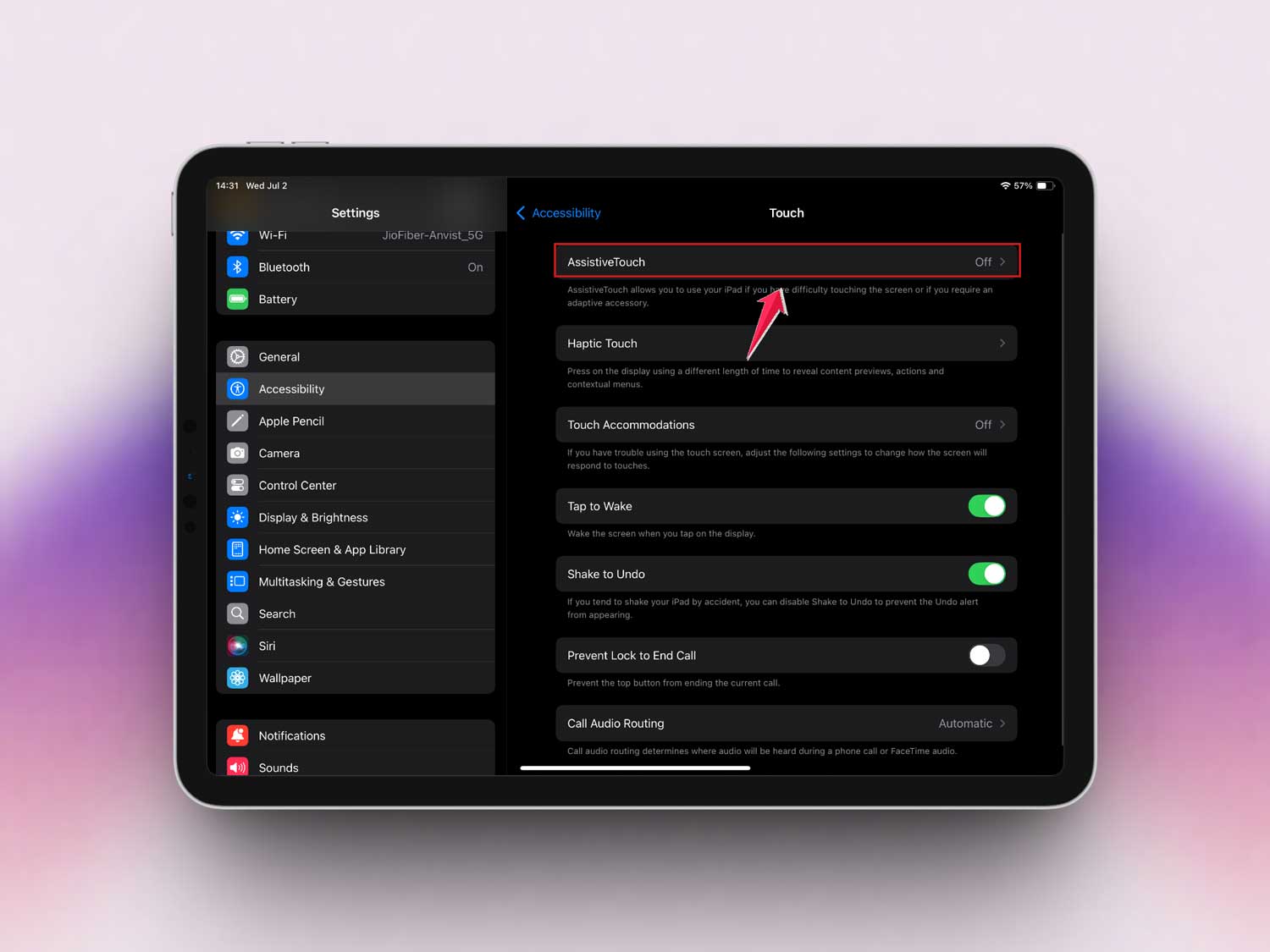 tap on assisstive touch in settings in ipad