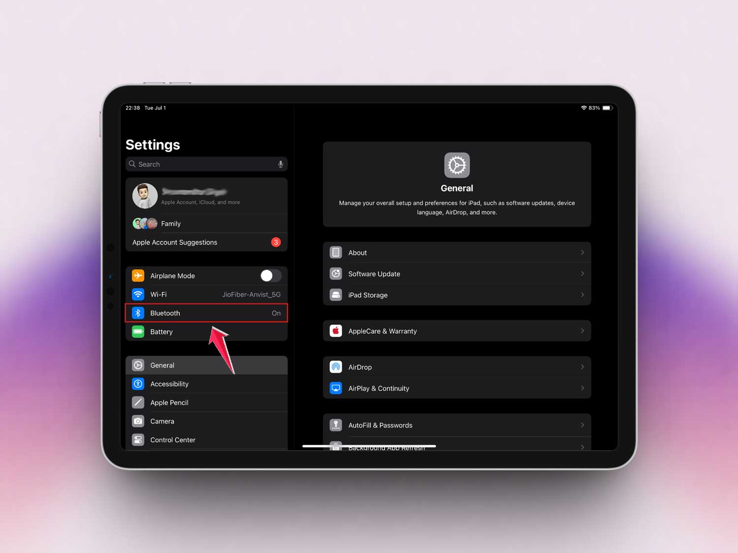 tap on bluetooth in settings in ipad