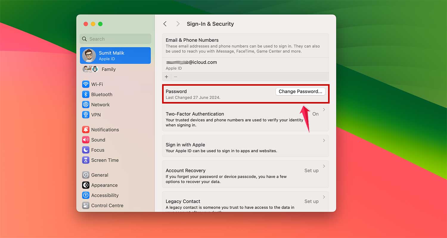 tap on change passwor in sign and security in mac xl