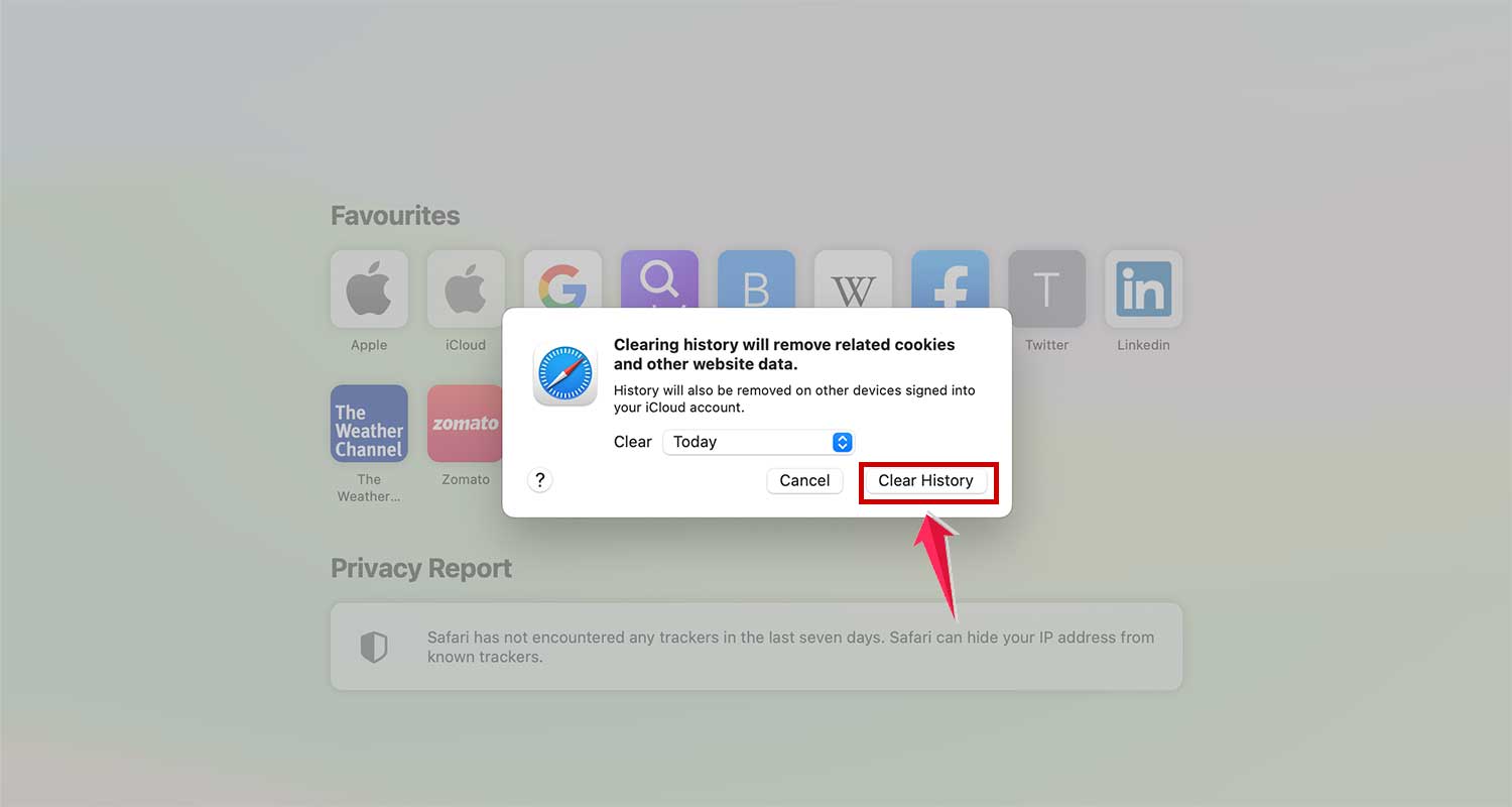 tap on clear history in dialog box in safari in mac xl