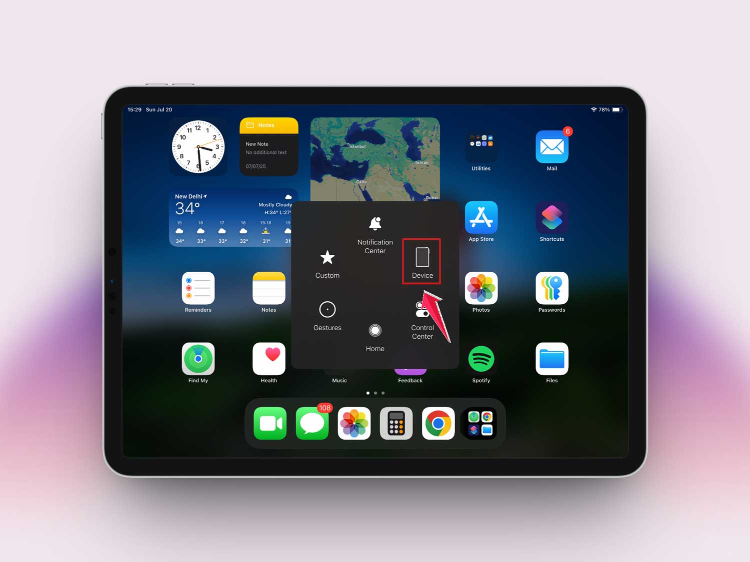 tap on device in assisstive touch in ipad