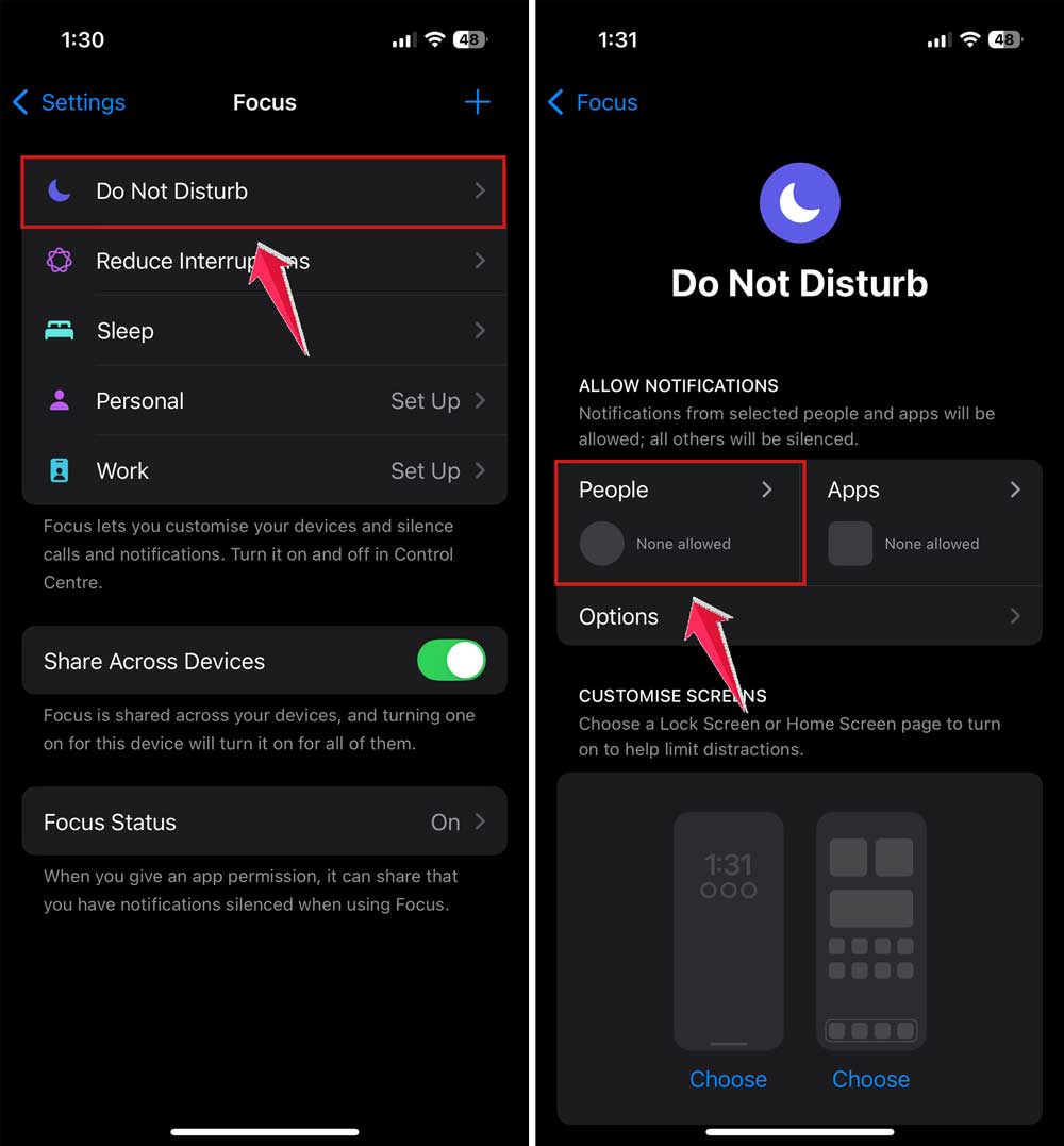 tap on do not disturb and then tap on people in settings in iphone