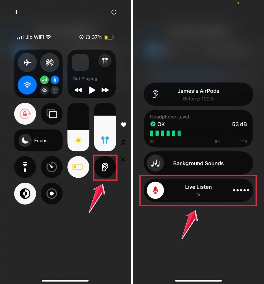 tap on ear icon then click on live listen