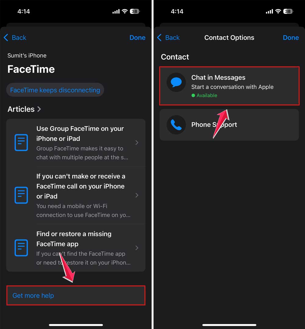 tap on get more help and then choose chat in apple support app in iphone
