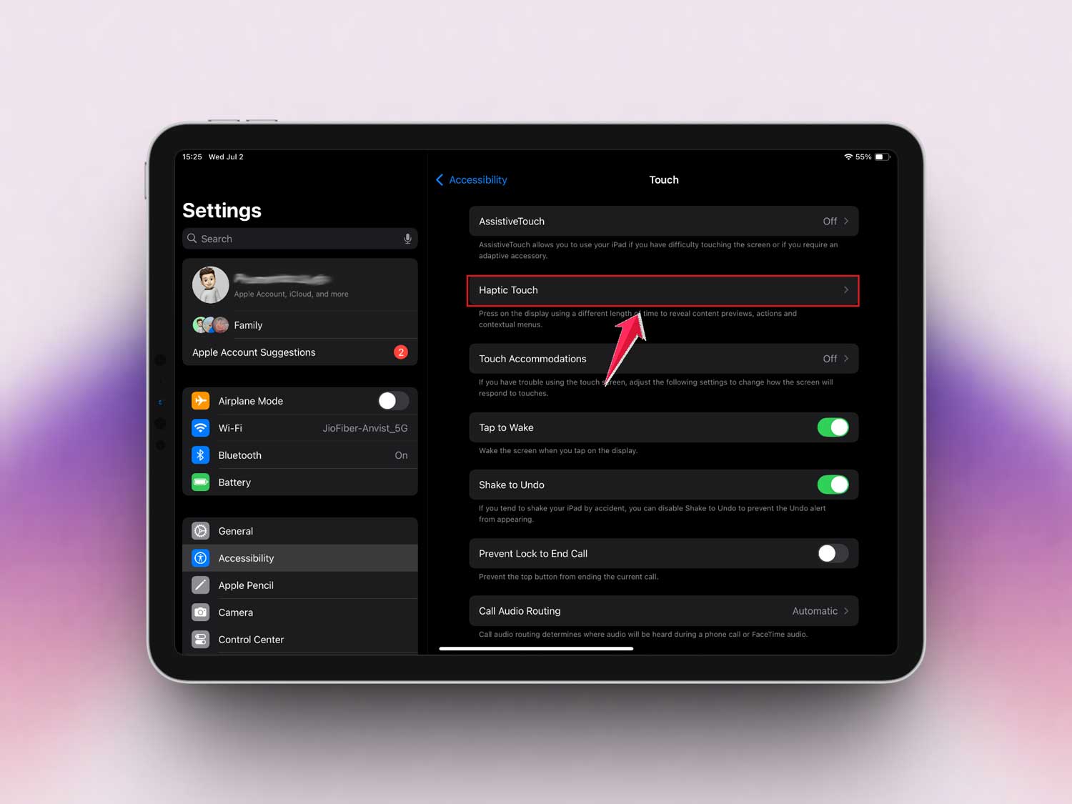 tap on haptic touch in settings in ipad