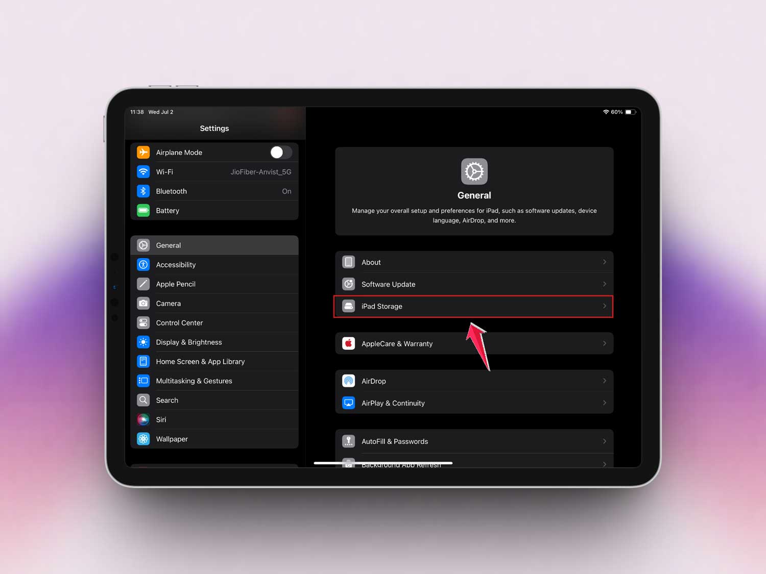 tap on ipad storage in settings in ipad