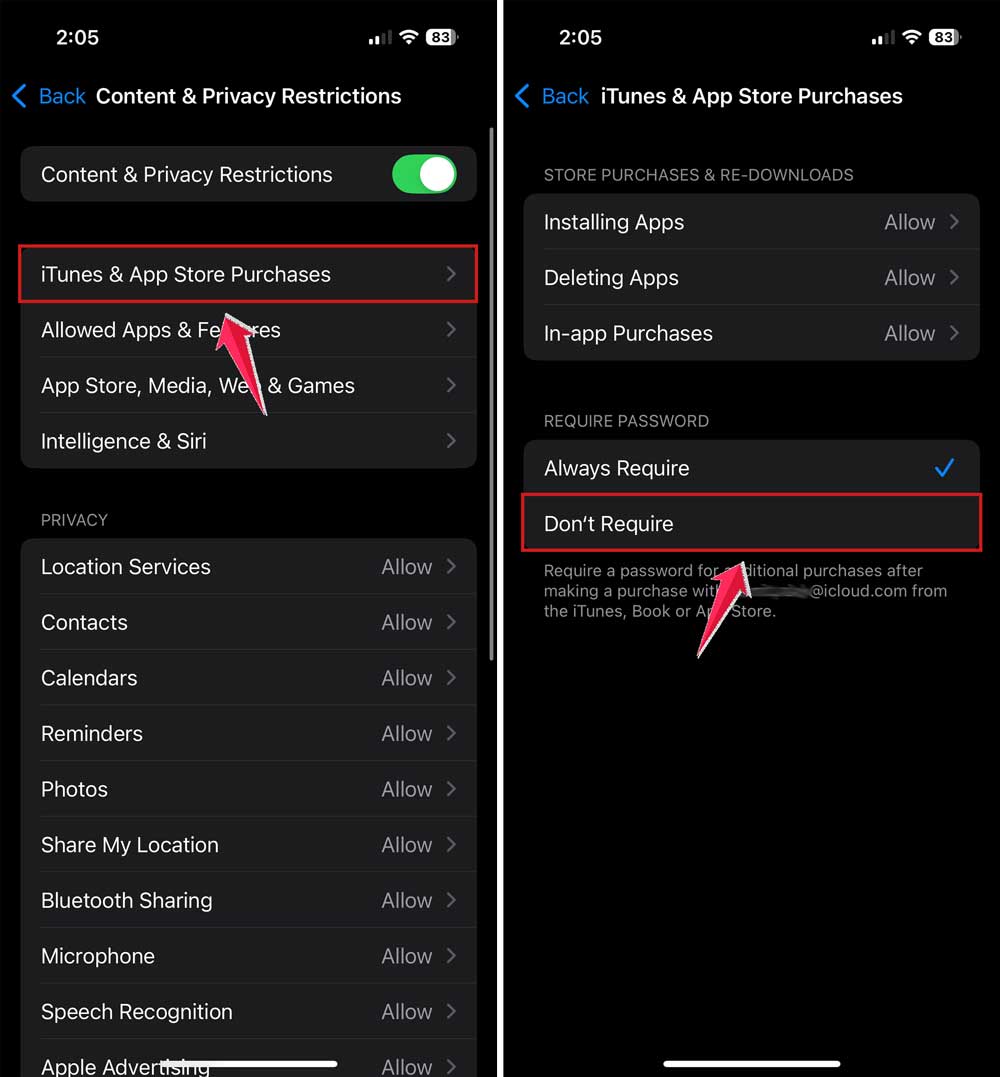 tap on itunes app store purchases and then choose dont require in screen time settings in iphone