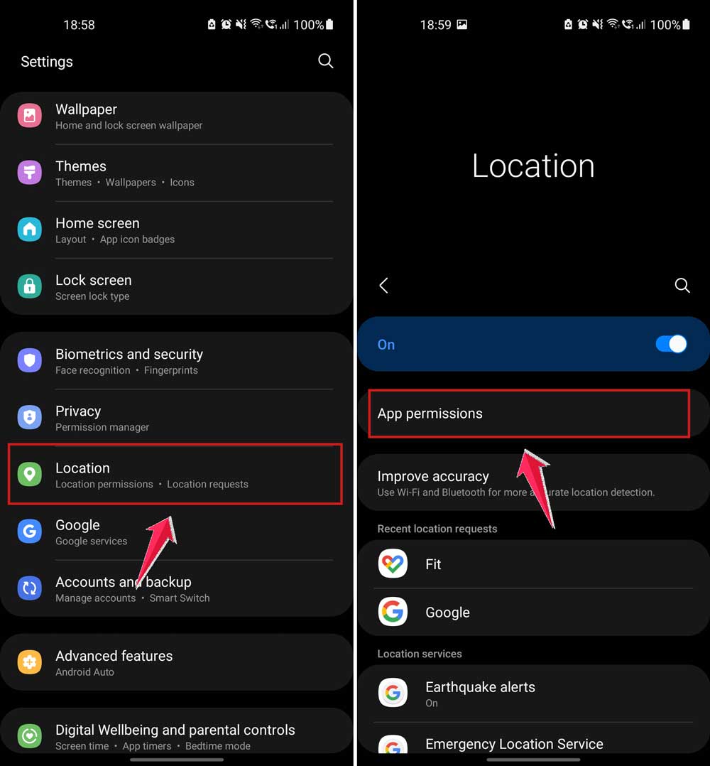tap on location and then tap on app permissions in android
