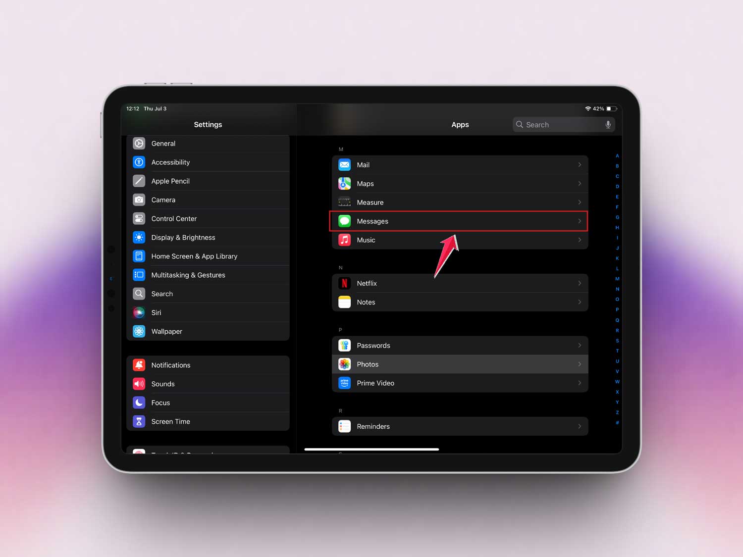 tap on messages in apps in setting in ipad