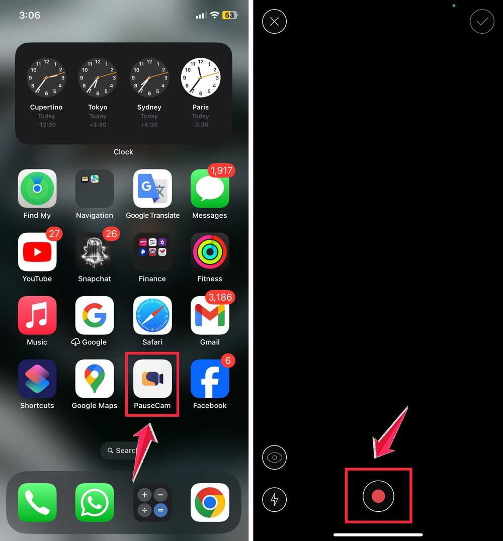 tap on pausecam app then click on record button