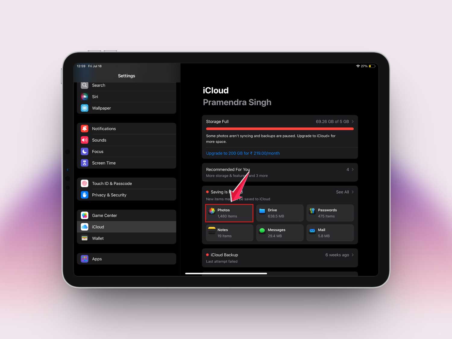 tap on photos in icloud in settings in ipad