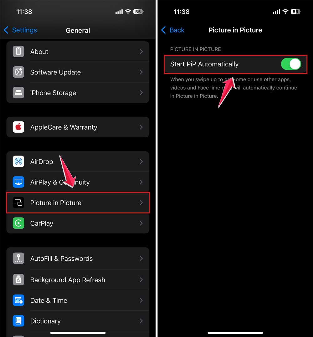 tap on picture in picture and turn on pip automatically in iphone