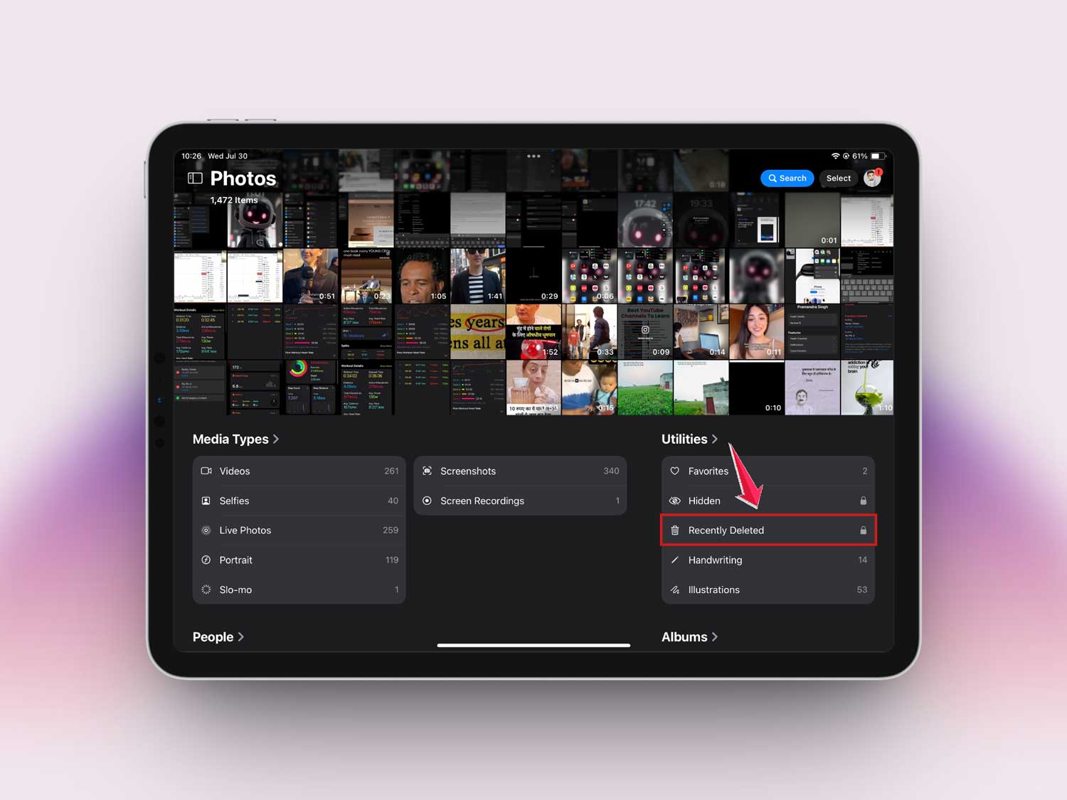 tap on recently deleted in photos app in ipad