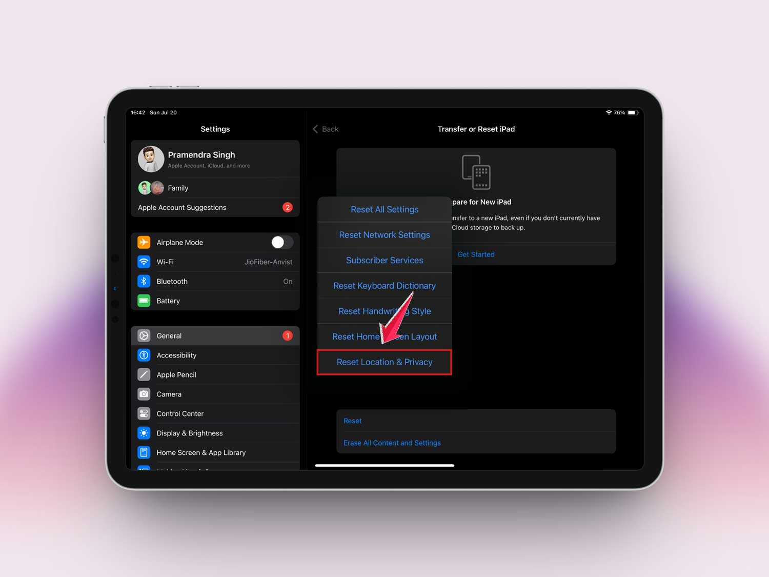 tap on reset location and privacy in settings in ipad