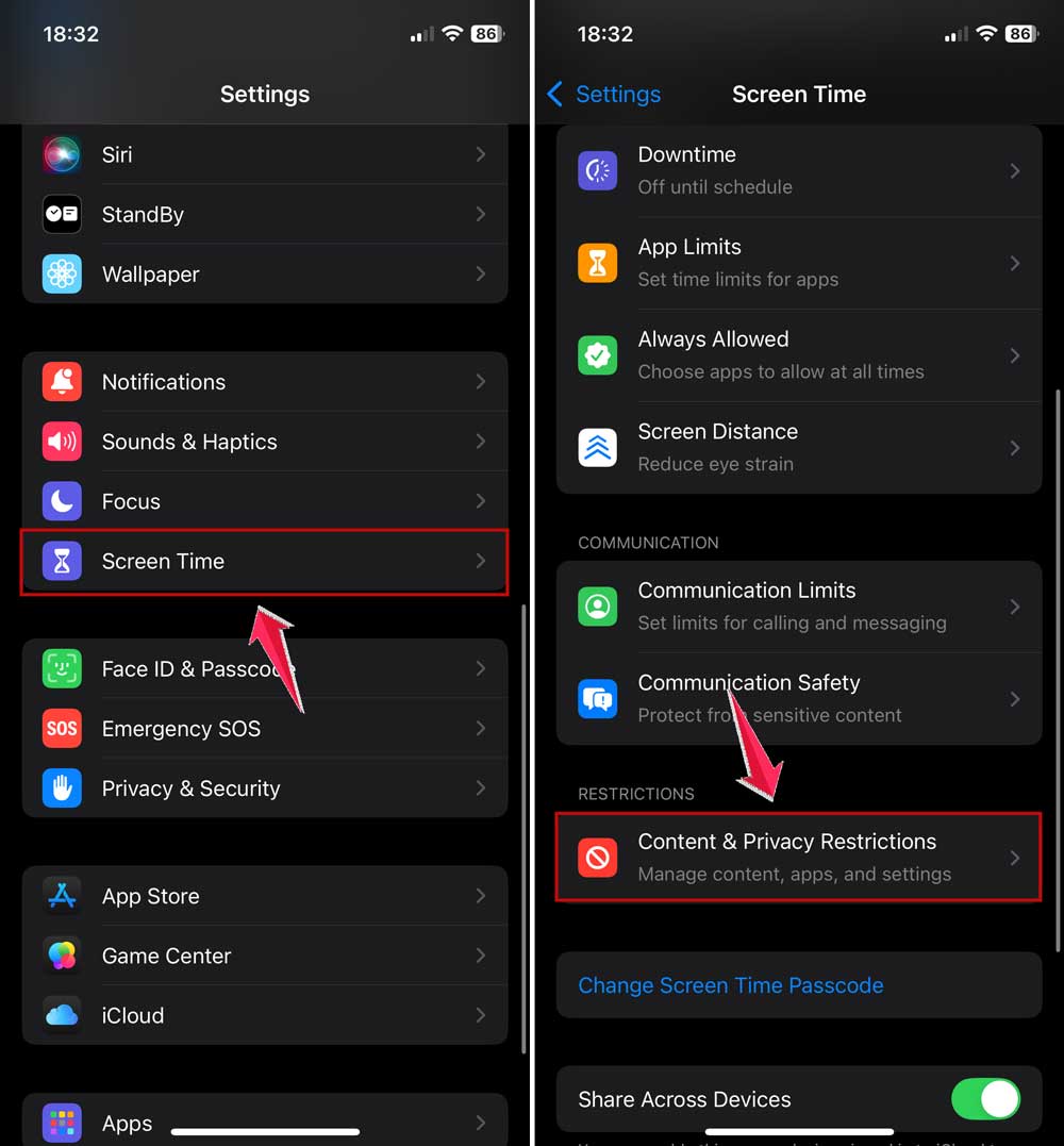 tap on screen time and then click on content privacy restrictions in settings in iphone