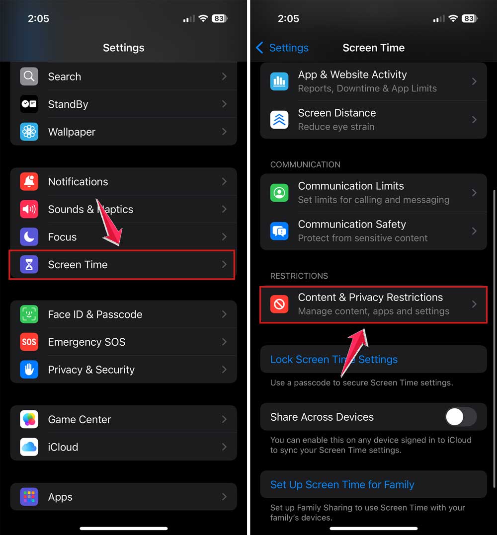 tap on screen time and then tap on content and privacy restrictions in settings in iphone