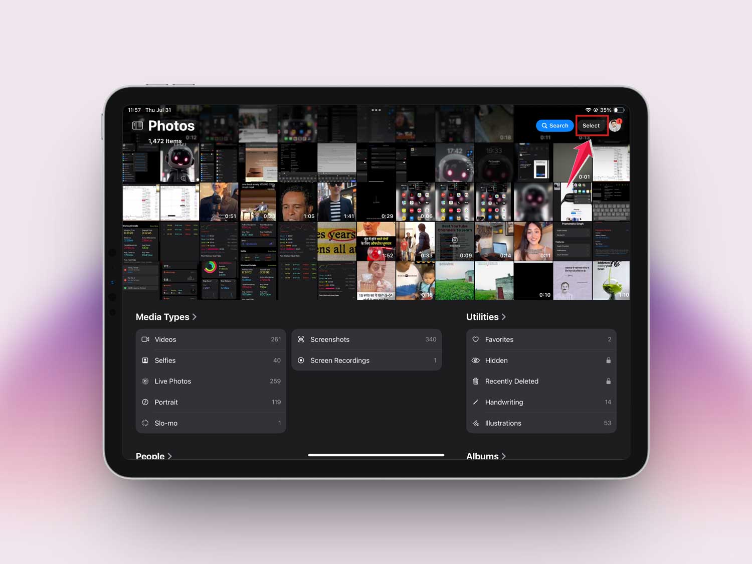 tap on select in photos app in ipad