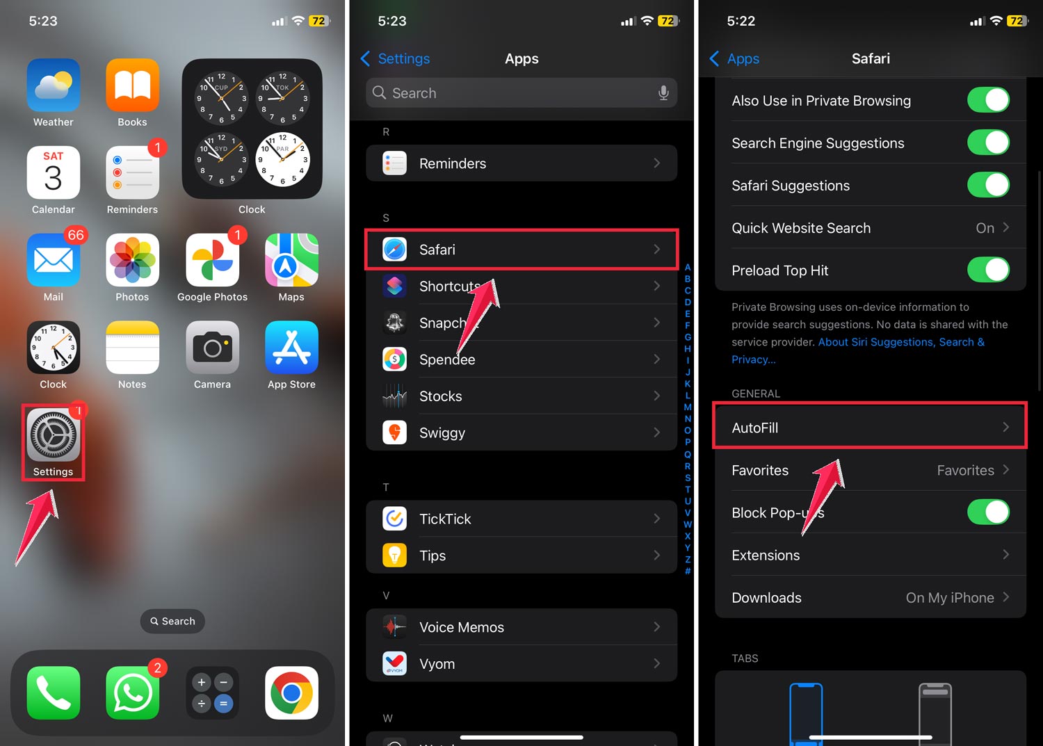 tap on settings then click on the safari and tap autofill