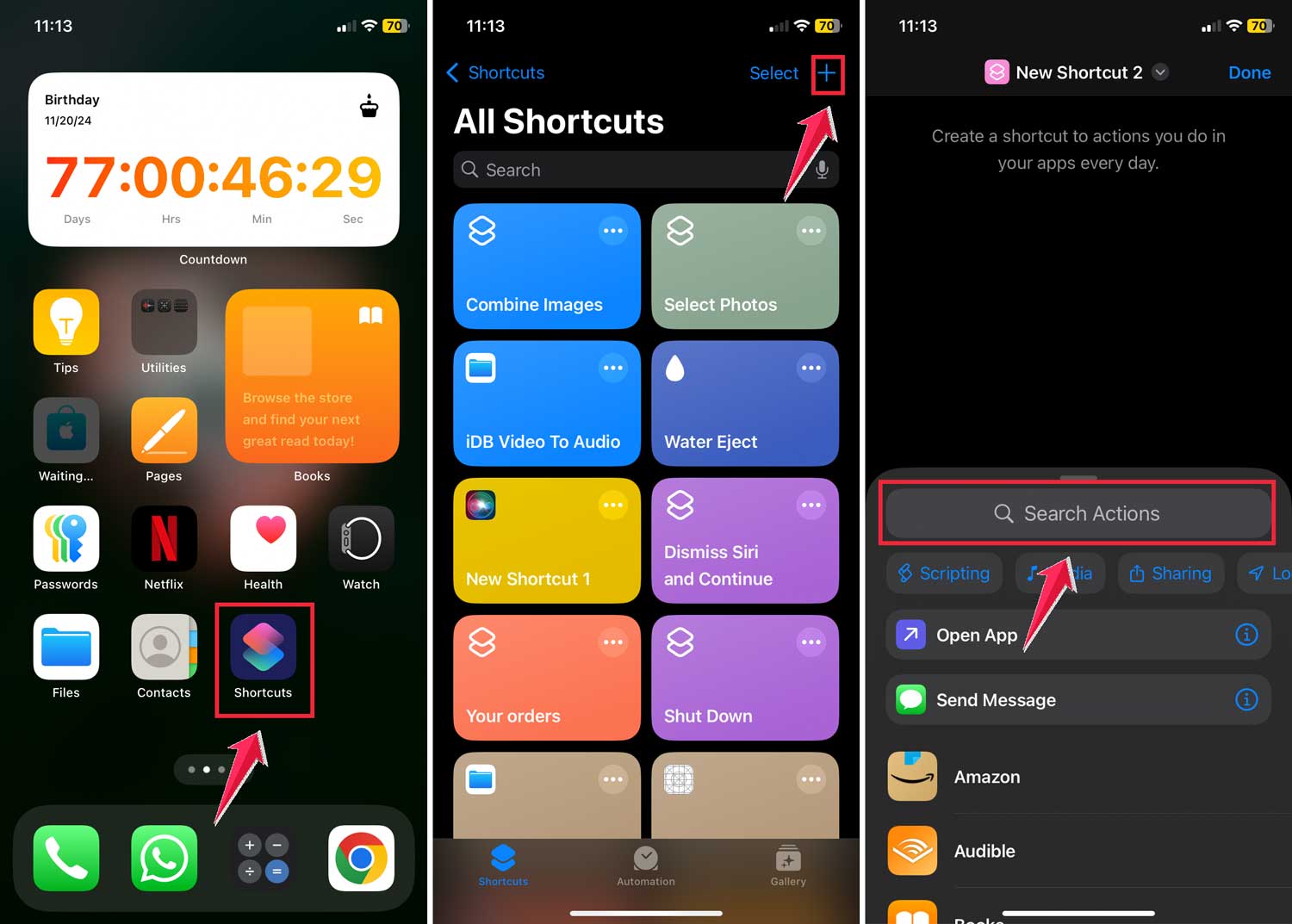tap on shortcuts then click on pluse button and tap to serach actions