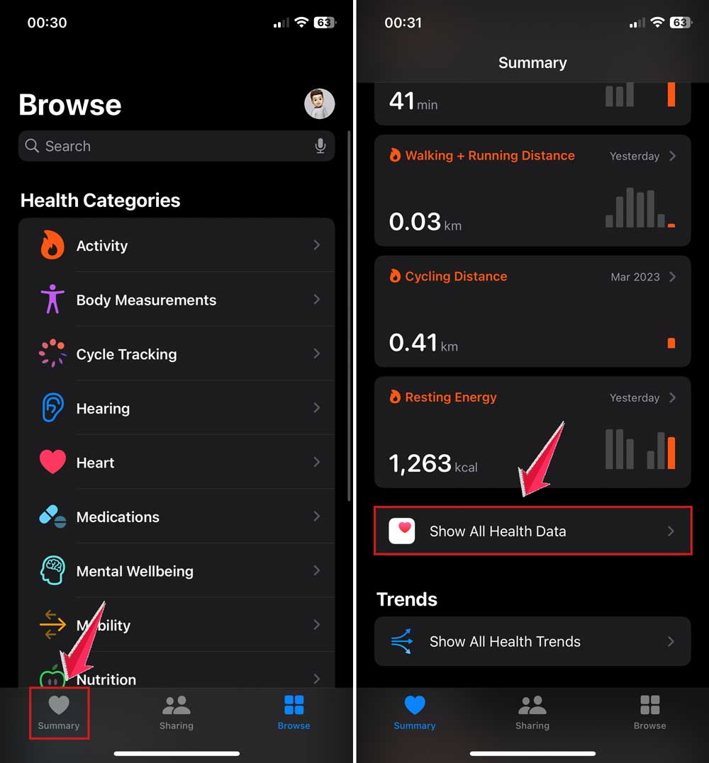 tap on summary and show all health data in health app in iphone