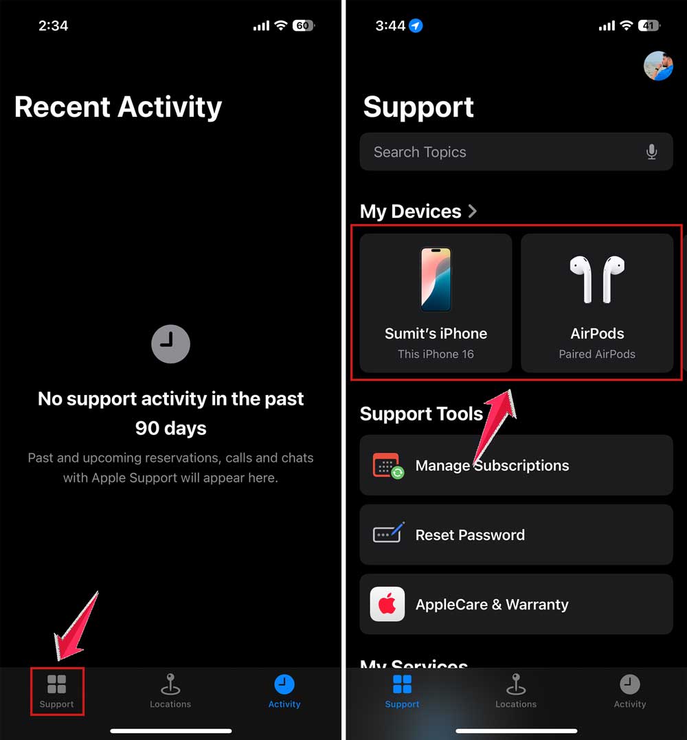 tap on support and then choose your device in apple support app in iphone