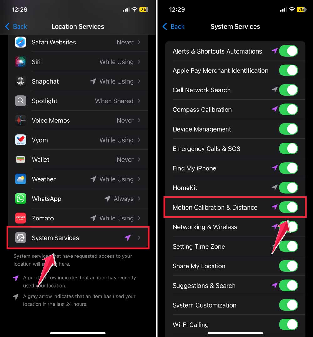 tap on system services then turn on motion calibration & distance