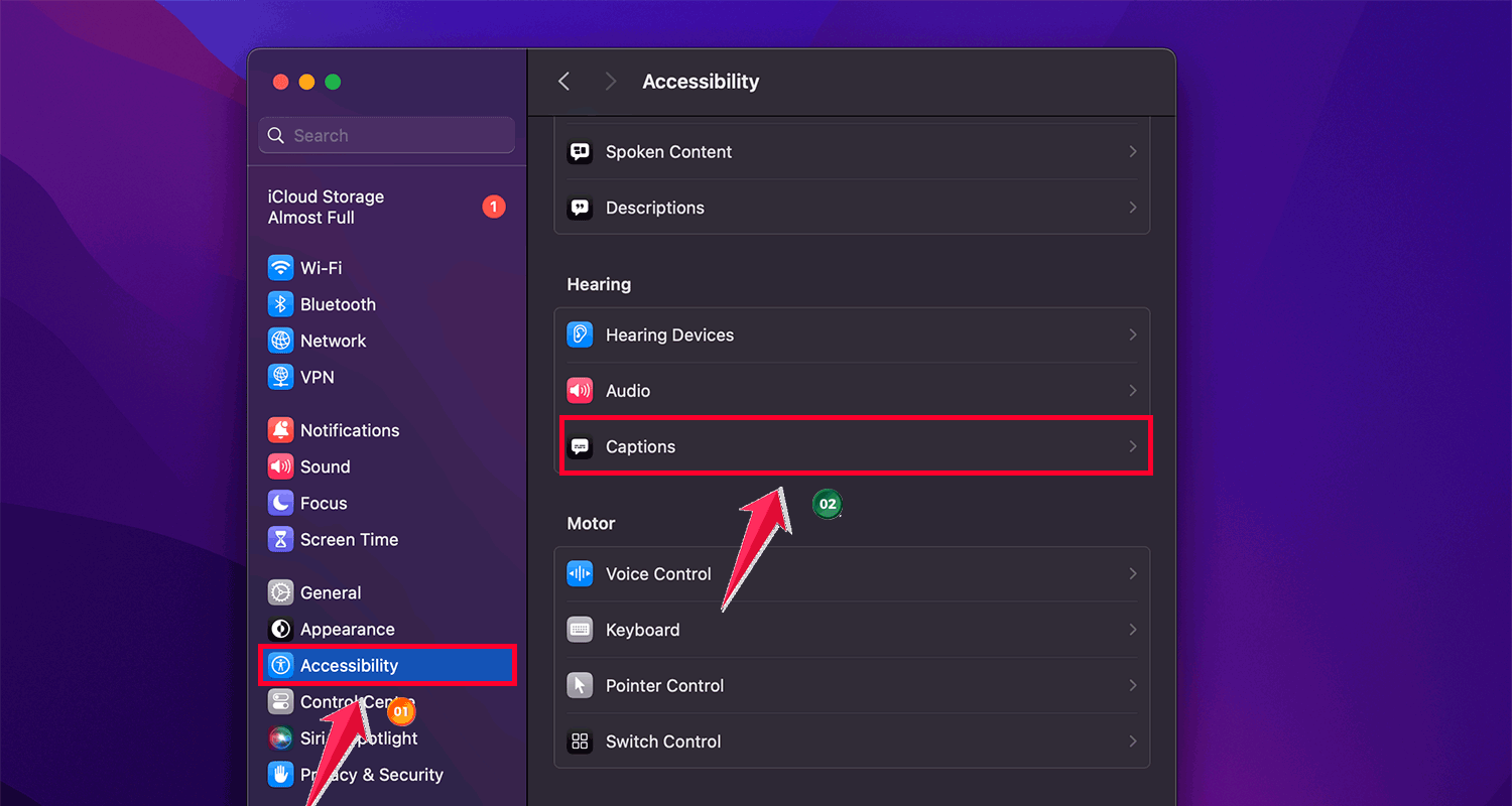 tap on the accessibility then click on the captions mac