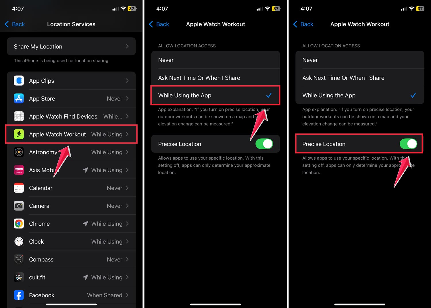 tap on the apple watch workout then while using the app and turn on precise location