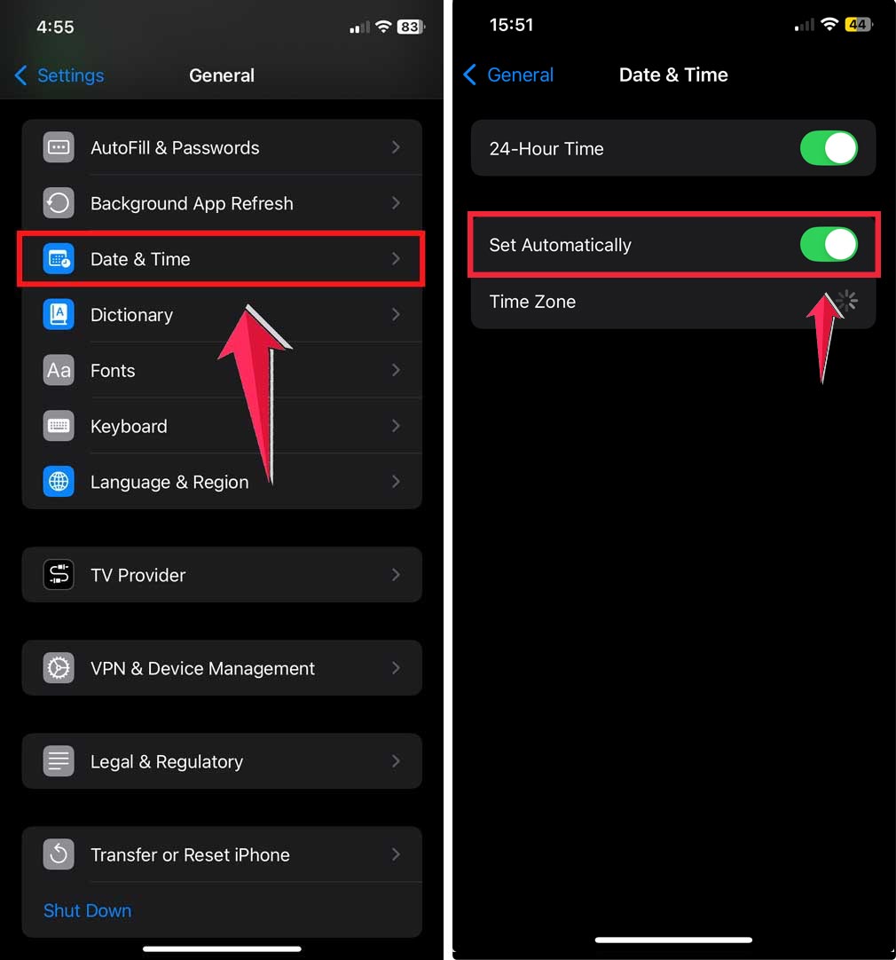 tap on the date & time then turn on set automatically