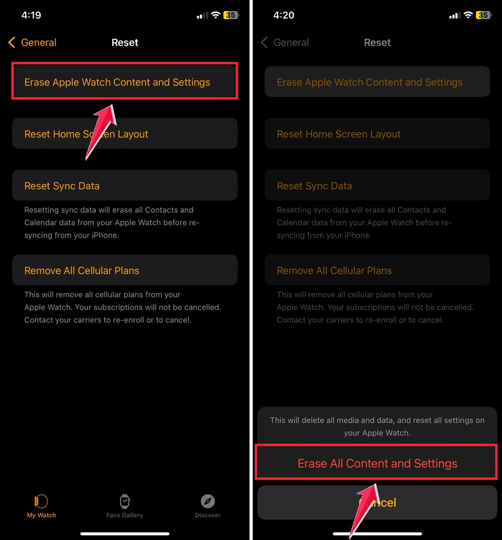 tap on the erase apple watch content and settings then confirm erase apple watch content and settings