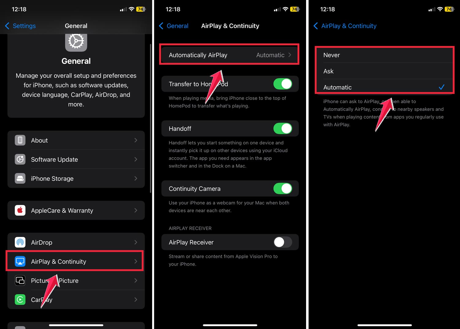tap on the general then click on the automatically airplay then choose one never ask automatic