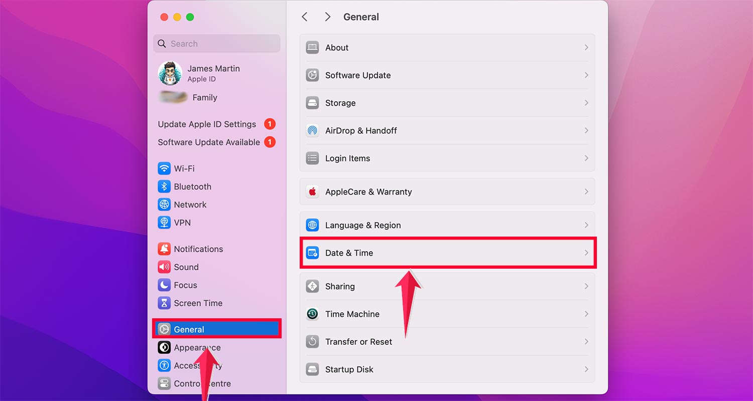 tap on the general then click on the date & time mac