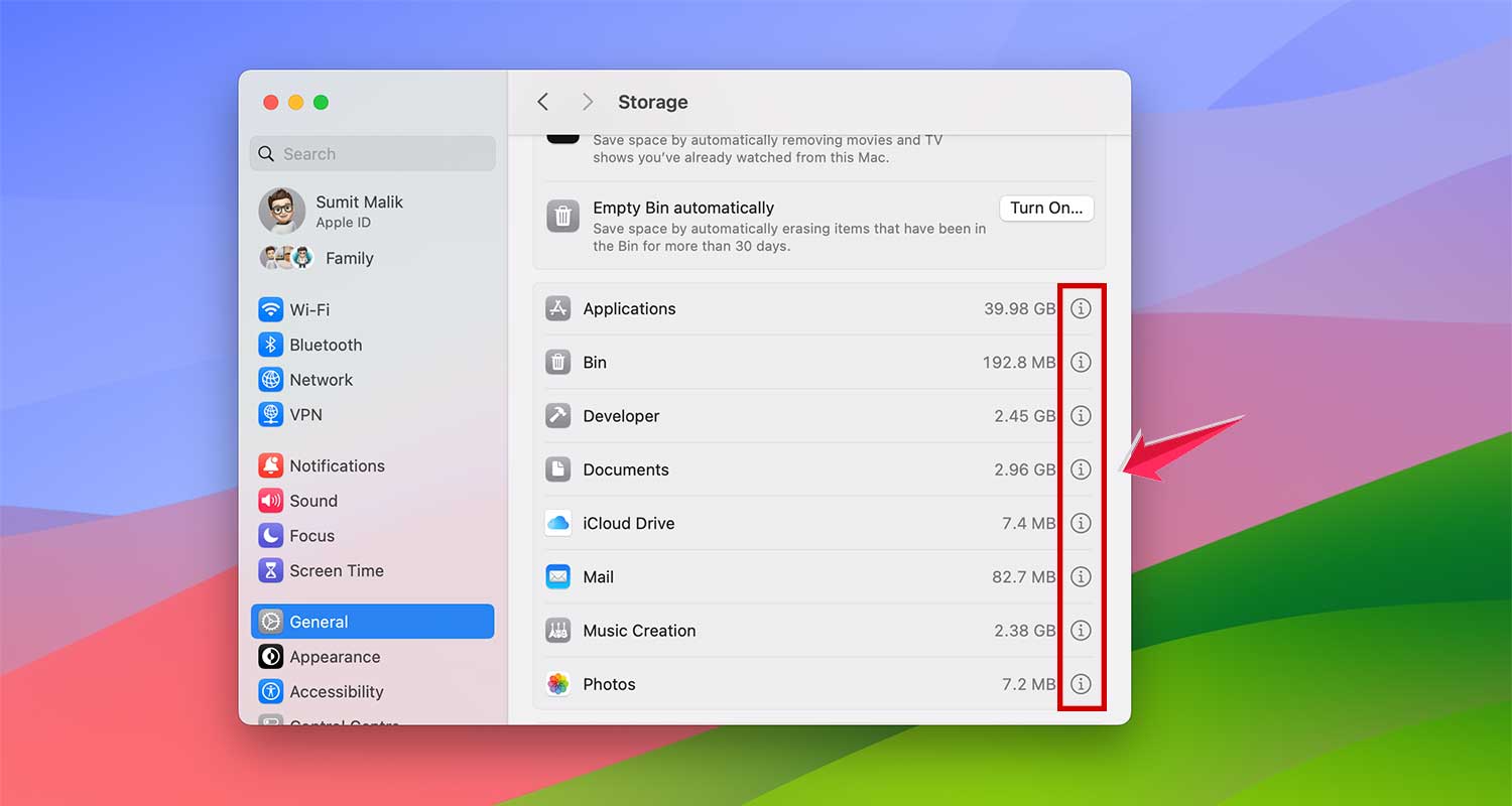 tap on the i button in storage settings app in mac xl tap on the i button in storage settings app in mac xl