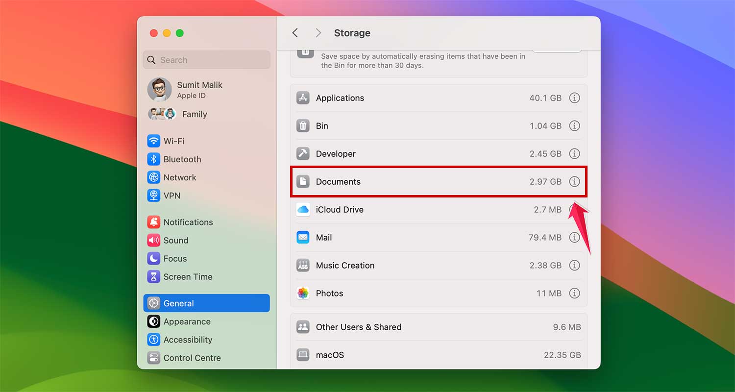 tap on the i button next to the documents in storage in mac xl