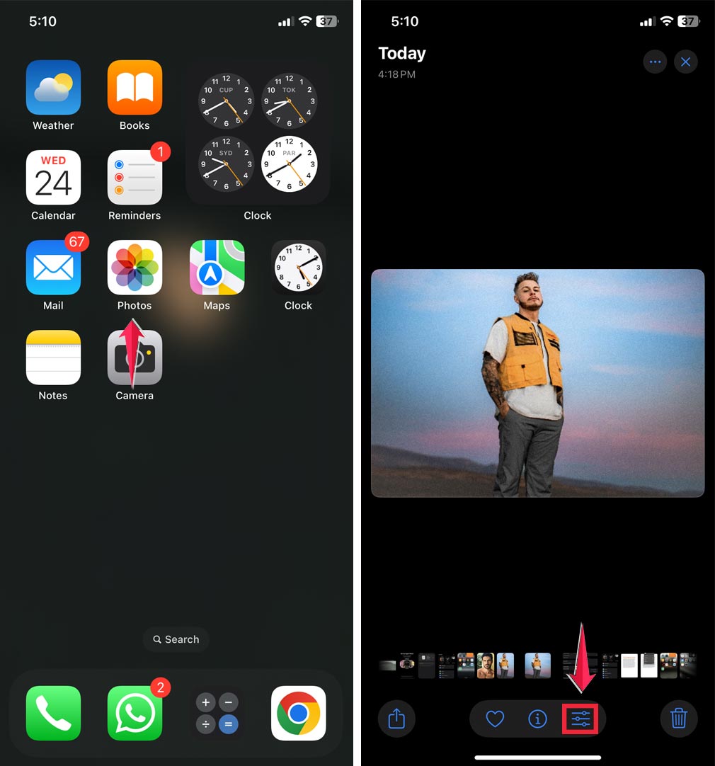 tap on the photos then select the photo and tap on edit