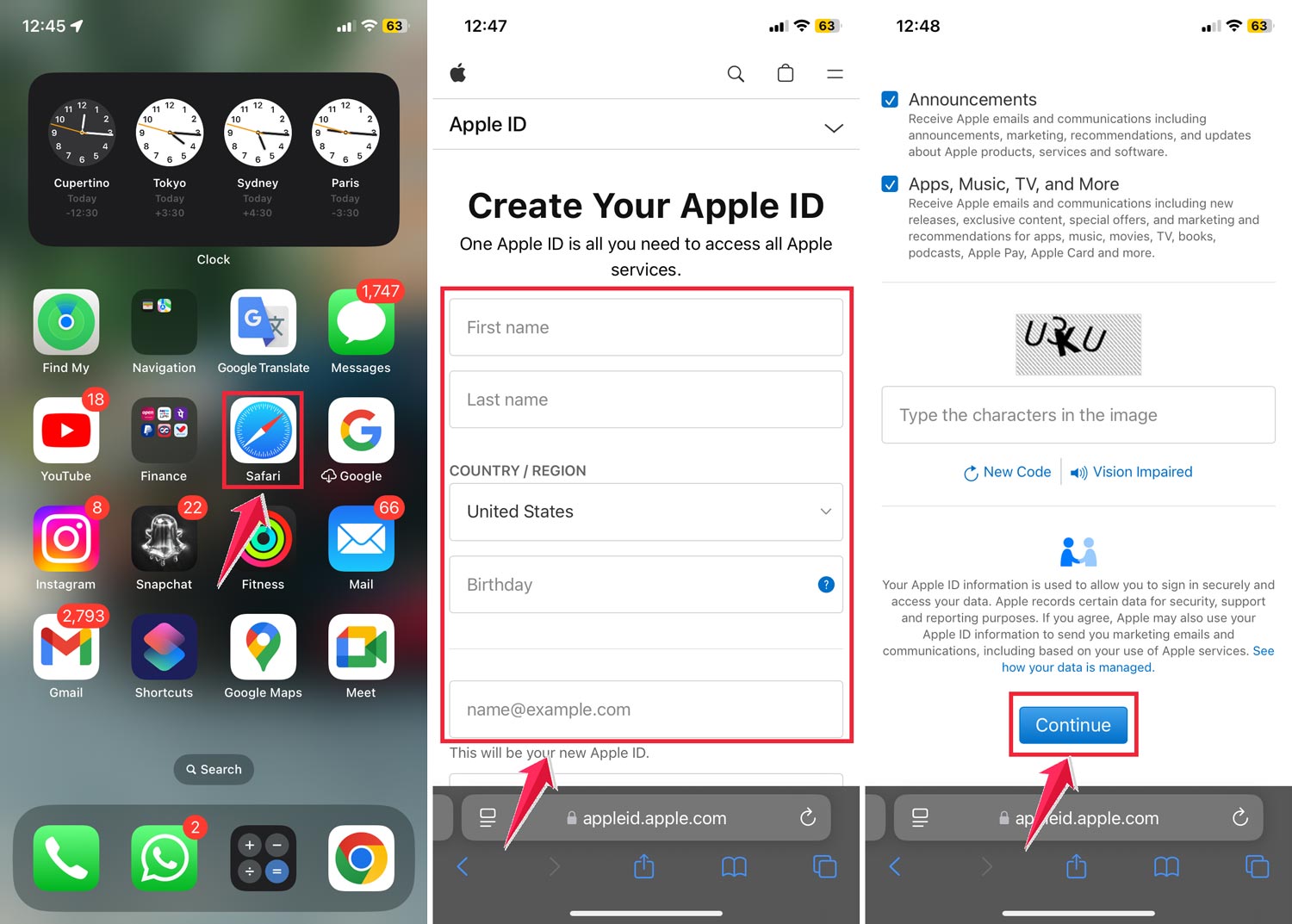 tap on the safari then go to website and fill information then tap continue