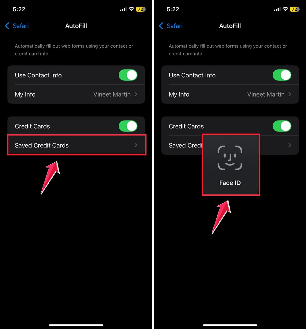 tap on the saved credit cards then choose face id