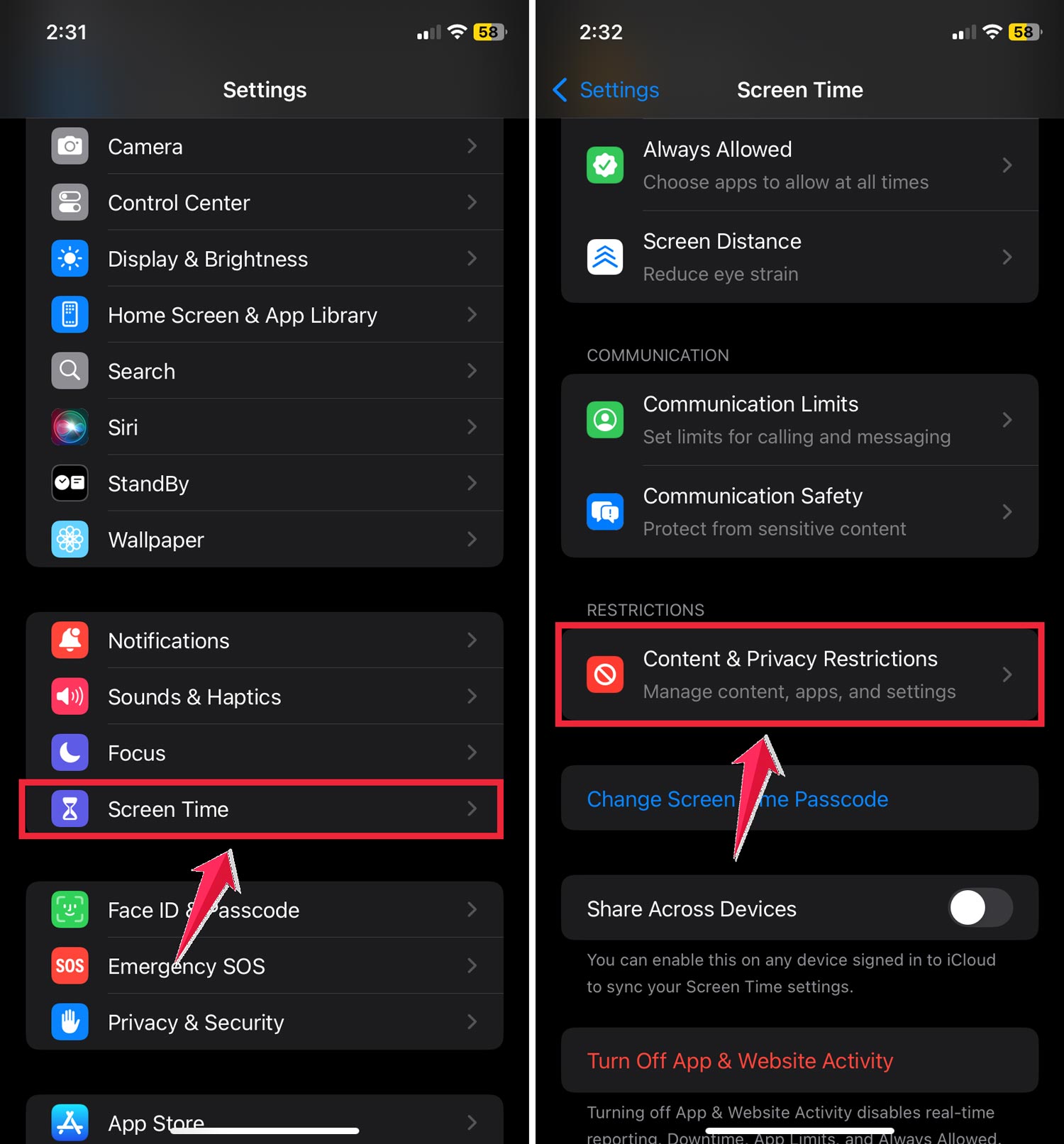 tap on the screen time then click on the content & privacy restrictions