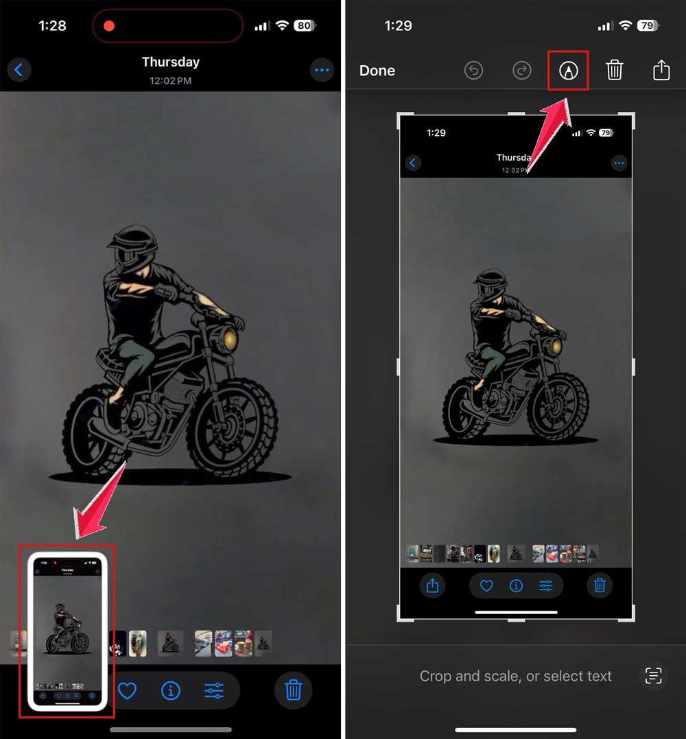 tap on the screenshot preview and then click on markup tool in photos app in iphone