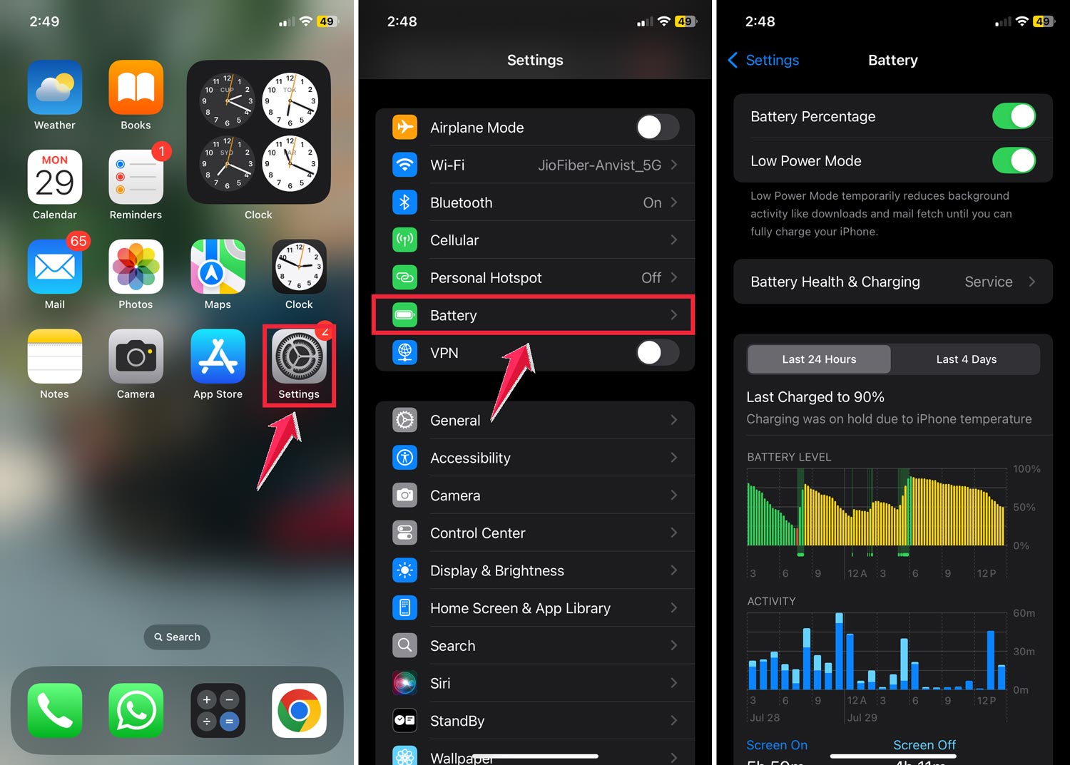 tap on the settings then click on the battery iphone