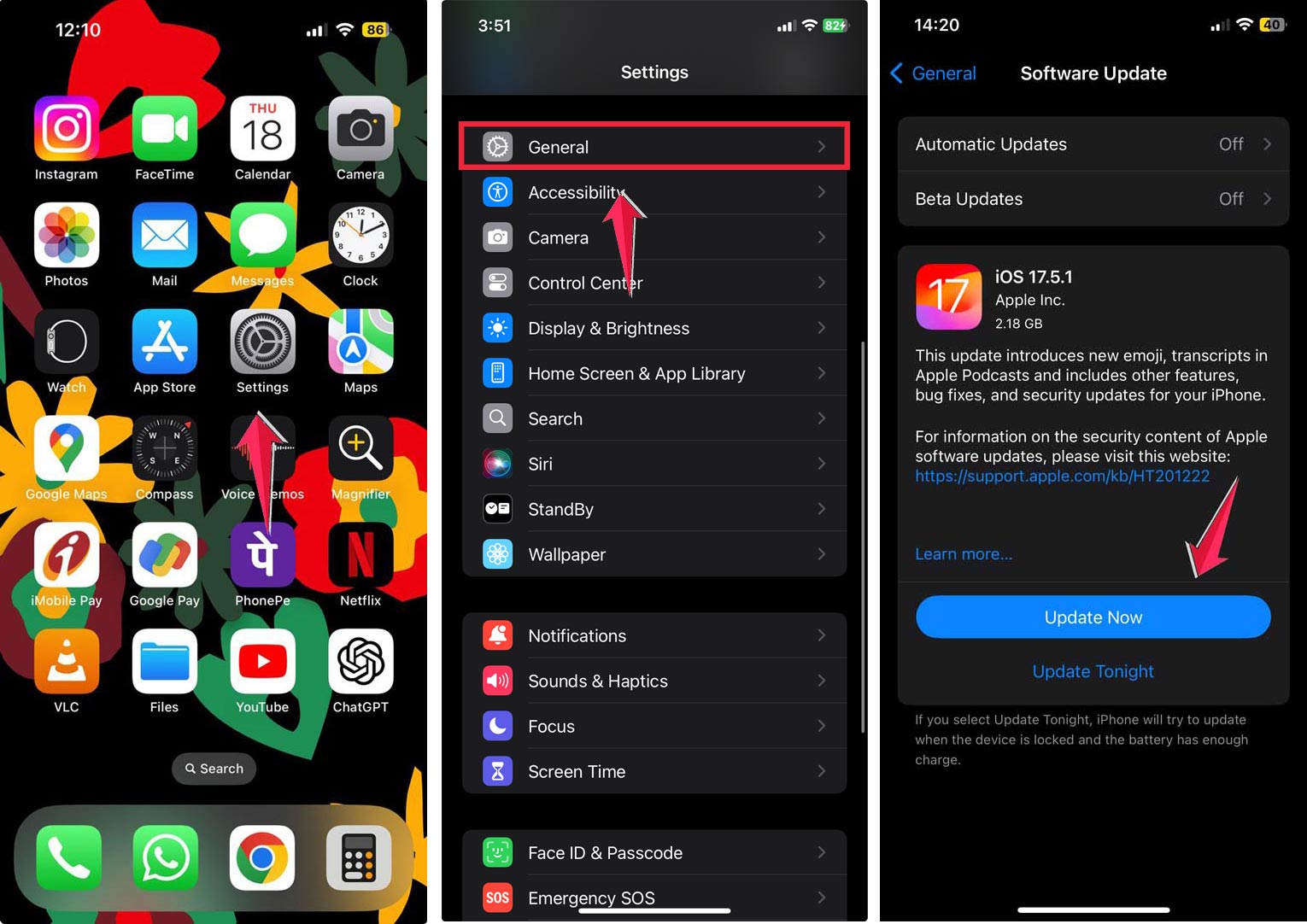 tap on the settings then click on the general and tap on the software update