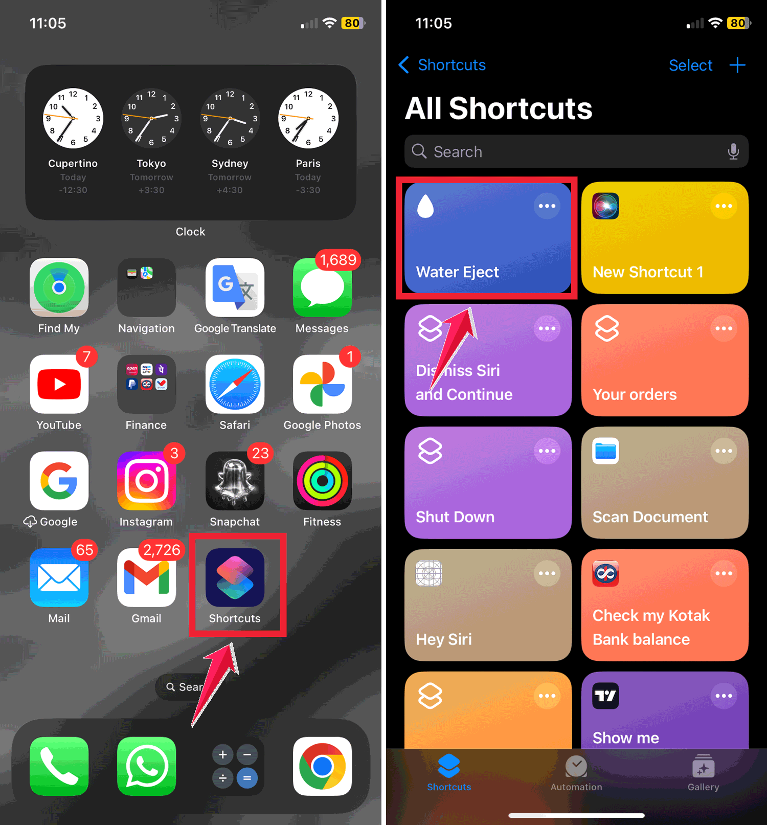 tap on the shorcuts then click on the water eject
