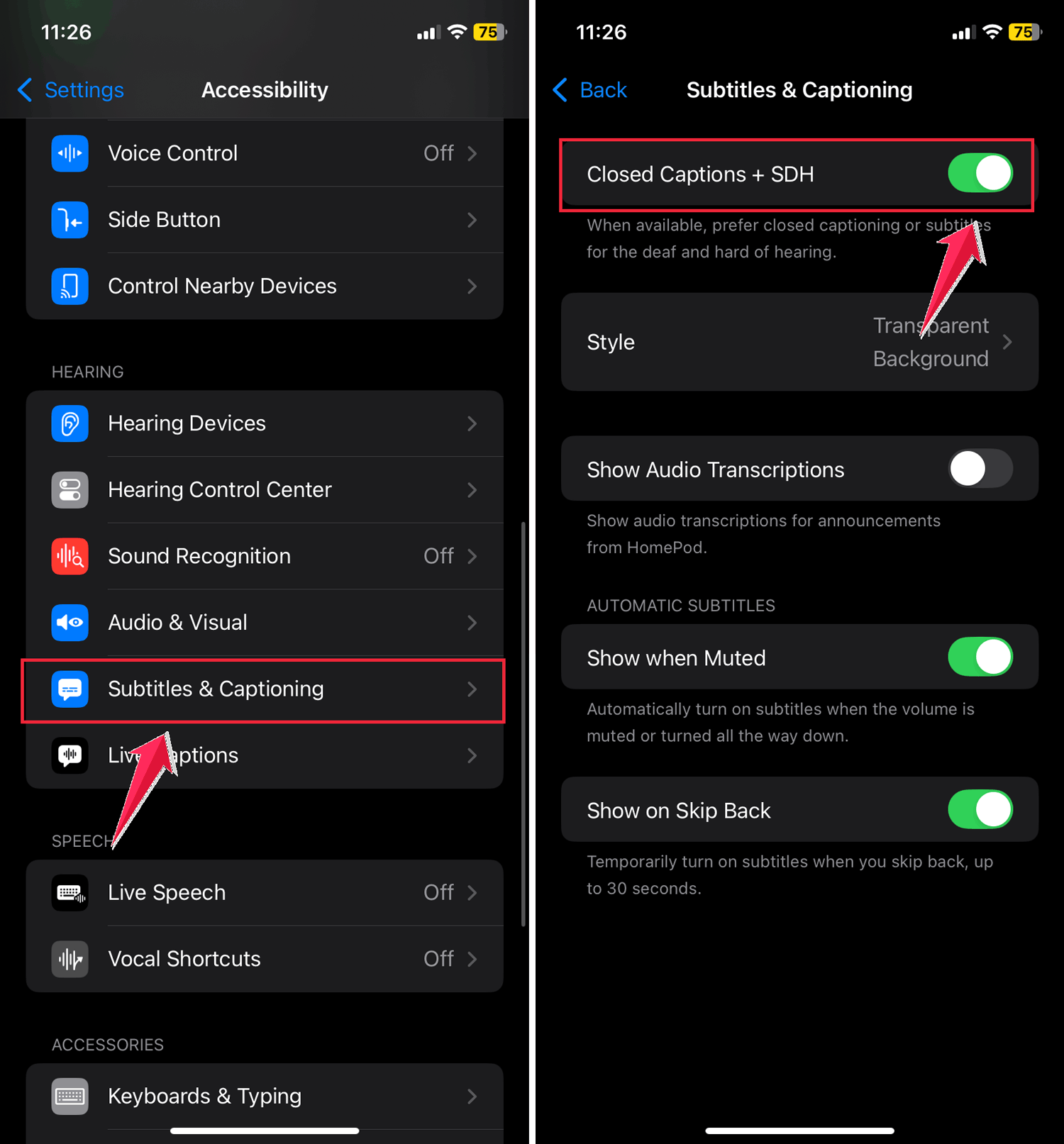 tap on the substitles & captioning then turn on closed captions + SHD
