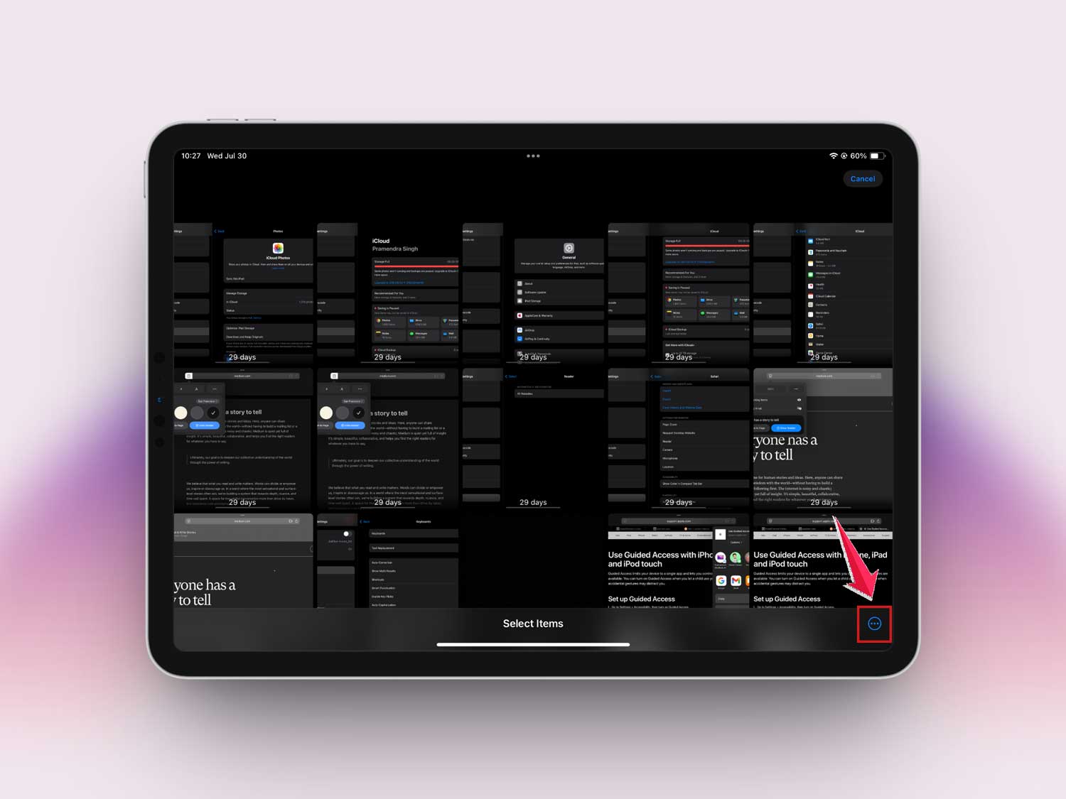 tap on the three dots in recently deleted in photos app in ipad