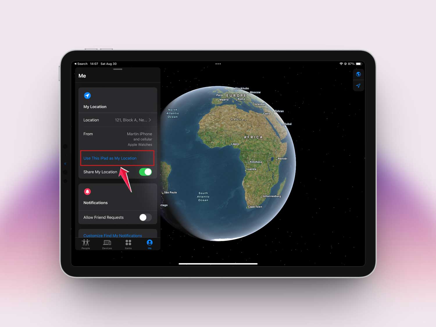 tap on use this device as my location in find my app in ipad