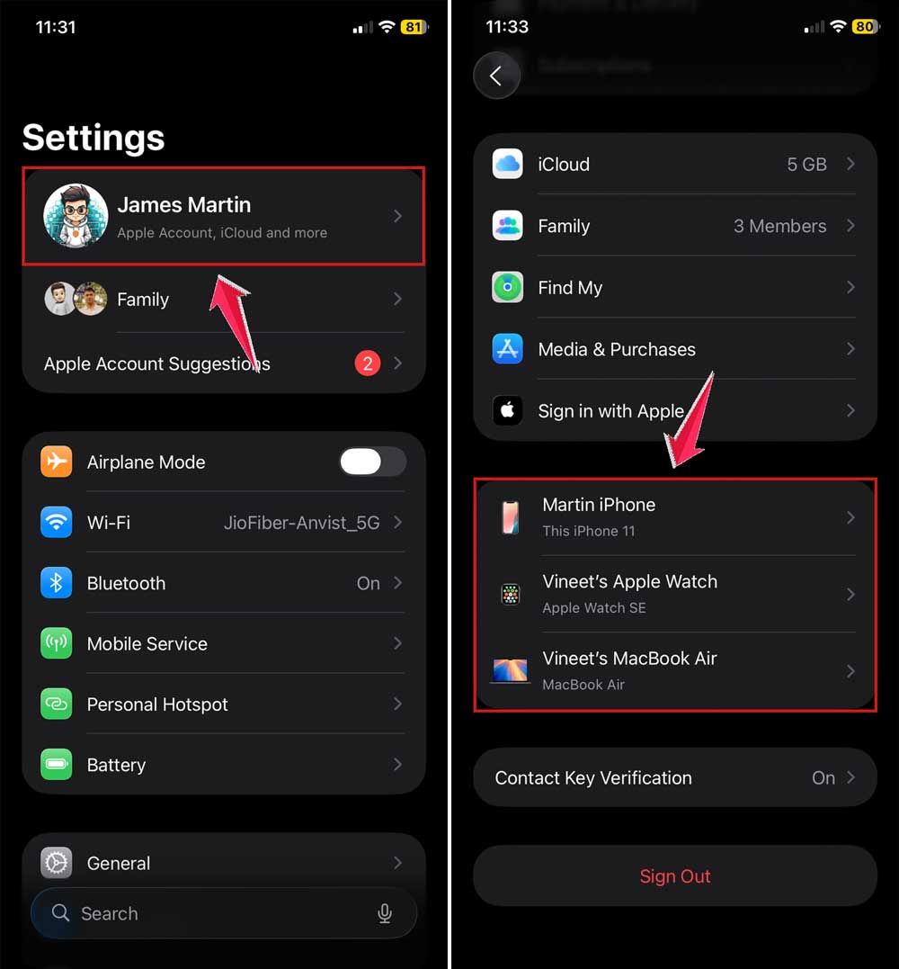 tap on your name and then look for devices in settings in iphone