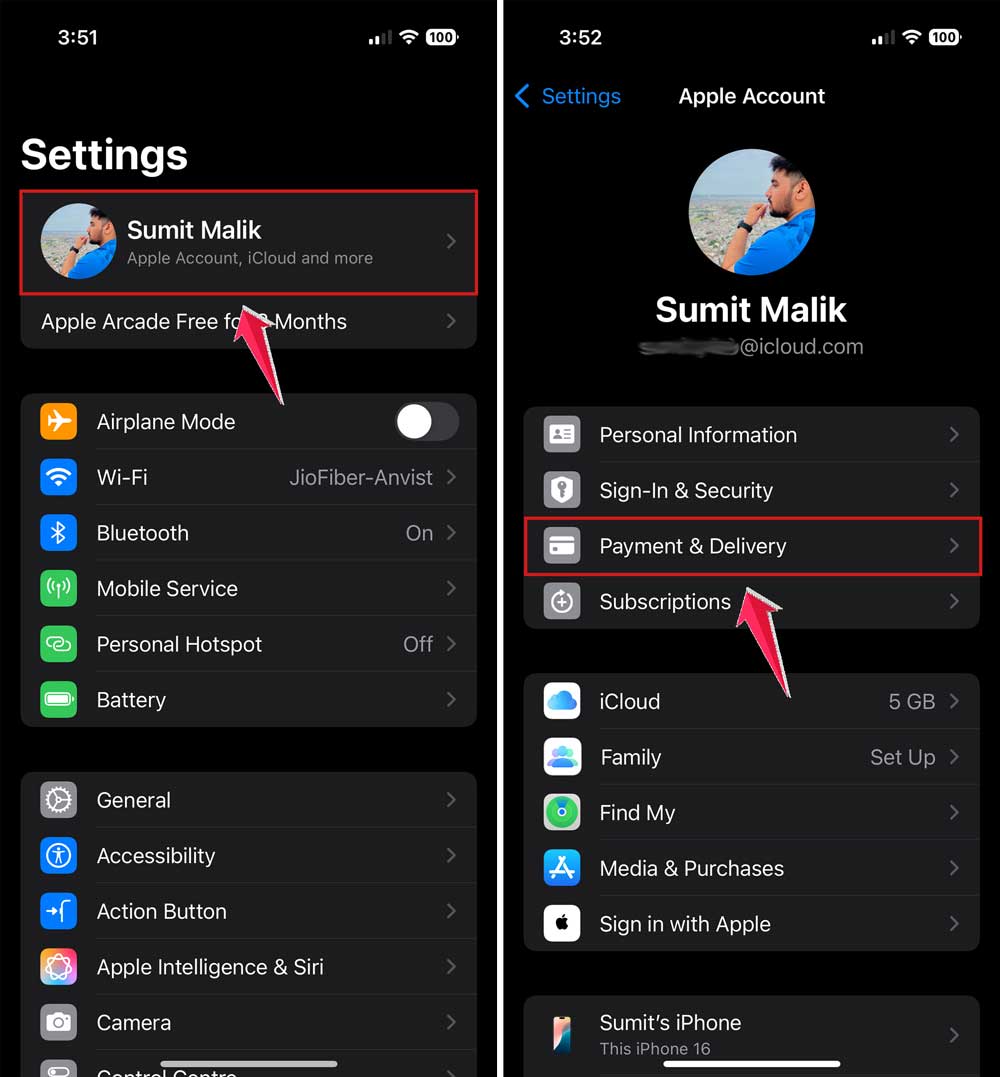 tap on your name and then tap on payment delievery in settings in iphone